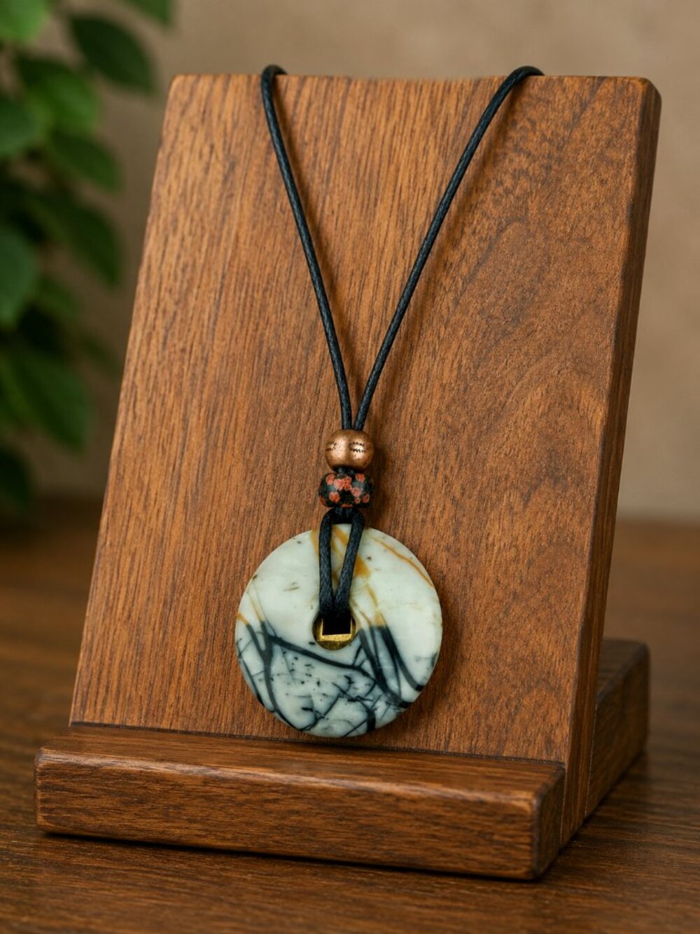 Picasso Jasper and Chinese Lucky Coin Pendant | Handmade - Picture 4 of 7